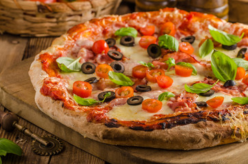 Rustic pizza with tomato, cheese, salami