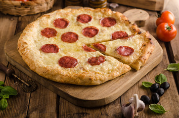 Rustic pizza with tomato, cheese, salami