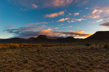 Majestic landscape at Karoo National Park, South Africa. Scenic table mountains, canyons and cliffs at sunset. Adventure and exploration in Africa, summer vacations.