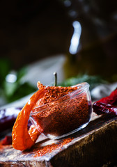 Ground hot chili red pepper, selective focus