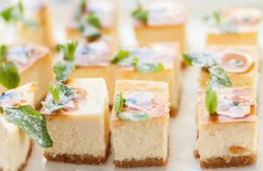 Appetizing cheesecake with mint leaves. Delicious sliced dessert on white plate.