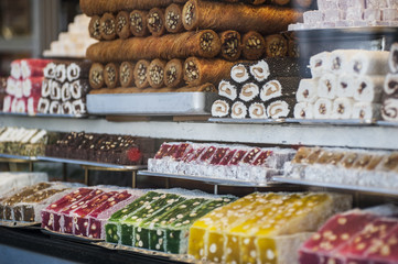 Traditional Turkish sweet dessert, burma baklava, turkish delight, lokum