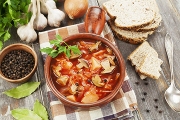 Vegetarian beetroots soup with  mushrooms