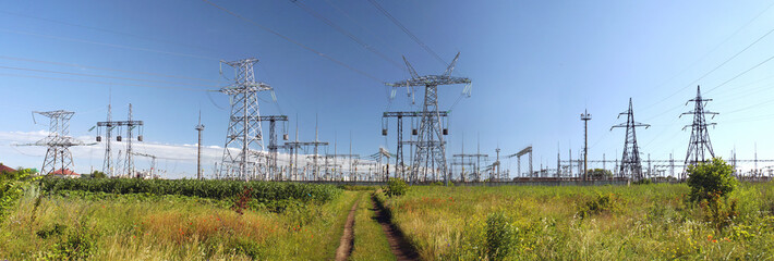 Panorama of high voltage substation. Distribution electrical power.