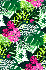 Seamless exotic pattern with pink green palm leaves on white background. Vector illustration.