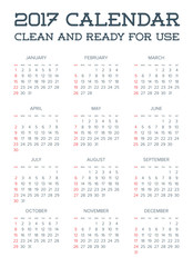 2017 Calendar. Abstract. Week Starts from Sunday. Vector illustration. Print Ready