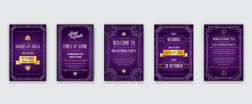 Set of Great Quality Style Invitation in Art Deco or Nouveau Epoch 1920's Gangster Era Collection Vector