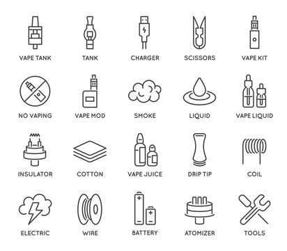Set of Minimal Vape Vaping Culture Vector Line Icons. Perfect Pixel. Thin Stroke. 48x48.