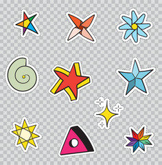 Patch Badges with Stars. Vector illustration isolated on transparent background. Set Pack of stickers, pins, patches in cartoon 80's - 90's comic style.