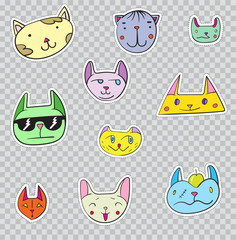 Patch Badges with Kittie. Vector illustration isolated on transparent background. Set Pack of stickers, pins, patches in cartoon 80's - 90's comic style.