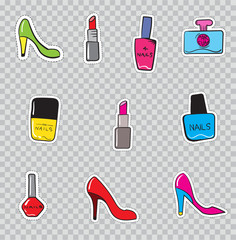 Patch Badges with Fashion Woman Elements. Vector illustration isolated on transparent background. Set Pack of stickers, pins, patches in cartoon 80's - 90's comic style.