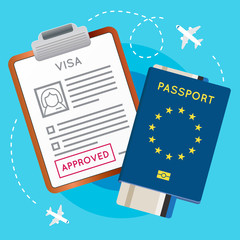 Eurozone Europe Visa Approved Stamp on Document. Passport with Flight Aircraft Ticket. Travel Immigration Stamp. Vector Illustration.
