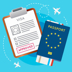 Eurozone Europe Visa Approved Stamp on Document. Passport with Flight Aircraft Ticket. Travel Immigration Stamp. Vector Illustration.