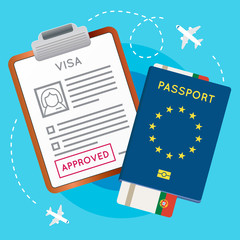 Eurozone Europe Visa Approved Stamp on Document. Passport with Flight Aircraft Ticket. Travel Immigration Stamp. Vector Illustration.