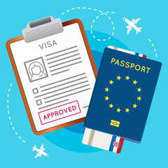 Eurozone Europe Visa Approved Stamp on Document. Passport with Flight Aircraft Ticket. Travel Immigration Stamp. Vector Illustration.