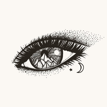 Hand drawn dotwork tattoo woman eye seeing mountain and sun zendoodle ray, traveling,hiking, adventure concept. Vector illustration