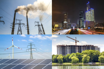 Clean vs dirty energy. Solar panels and wind turbines against fuel coal power plant. Sustainable...
