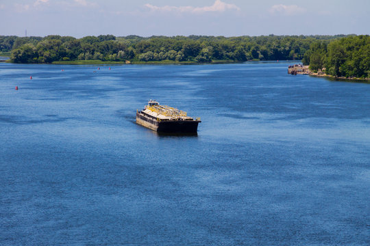 Barge floating on the Dnieper river