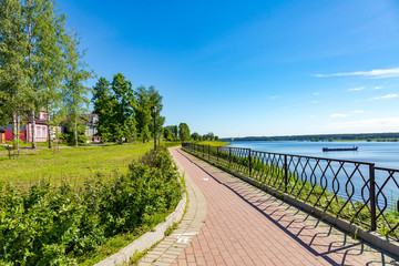 The shore of the grandiose Russian Volga river near the town of Myshkin on a summer day. Yaroslavl region
