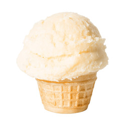 cone, waffle cup with vanilla ice cream is isolated on white background, close up