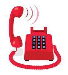 Red stationary phone with button keypad and raised handset