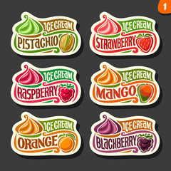 Vector set of fruit Ice Cream labels: 6 logos of different flavor italian icecream dessert, six art icons with title - ice cream, on black background, soft mixed gelato ice cream served of swirl cone.