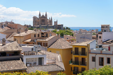 Fototapeta na wymiar Cityscape, buildings, sea, Cathedral de Mallorca of Palma de Mallorca, Spain