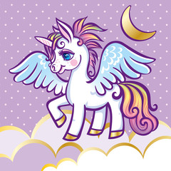 cute unicorn, stars, clouds and moon greeting card, vector illustration