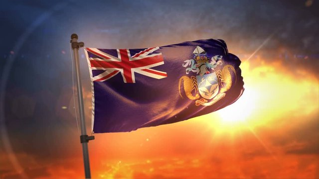 Tristan da Cunha Flag Backlit At Beautiful Sunrise Loop Slow Motion 4K