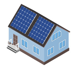 House with solar panel on roof. Isometric cottage with solar cells energy equipment. Eco friendly alternative technology concept. Vector illustration.