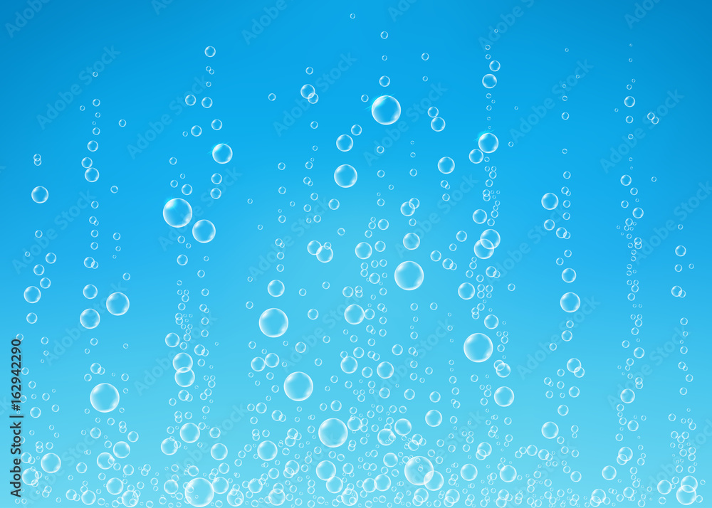 Wall mural transparent fizzing air bubbles on blue background.