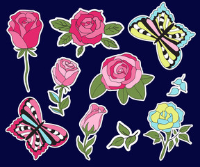Roses and butterflies patches set. Colorful pins collection in cartoon 80s-90s style. Vector sticker set.
