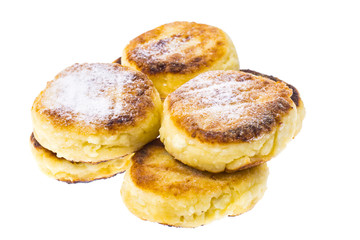 Curd cheese cake with sugar powder isolated on white background.