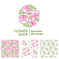 Corporate identity for a flower shop. The logo in the linear style and three seamless pattern