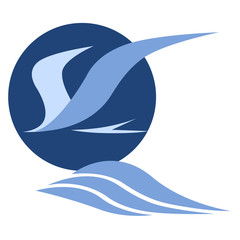 Tern flying over sea waves, stylized bird, isolated vector logo design