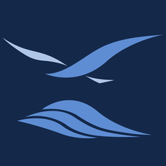 Tern or seagull flying over sea waves, stylized bird, isolated vector logo design