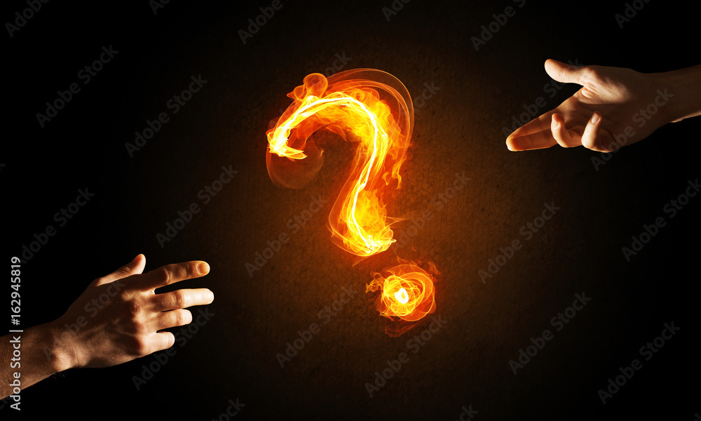 Poster concept of help or support with fire burning question mark and creation gesture