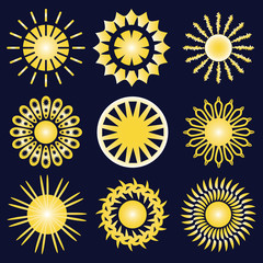 Set of nine yellow icons of the sun, isolated on dark blue background.