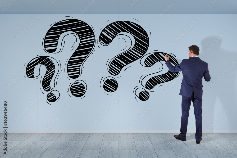 Poster businessman drawing a question mark sketch on a wall 3d rendering
