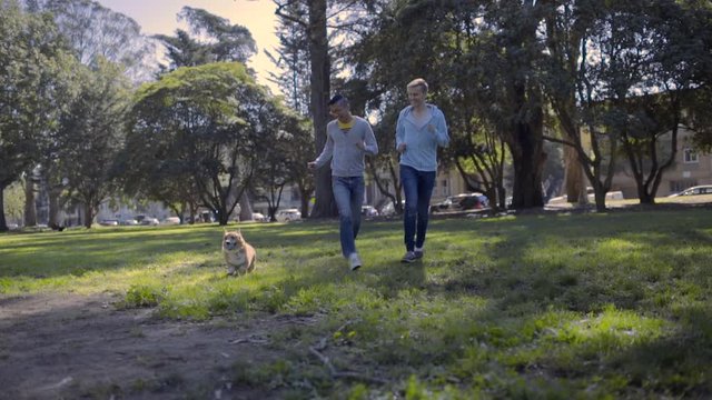 Gay Couple Run Through Field In Park, With Their Adorable Corgi Dog
