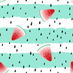 Cute seamless pattern with watercolor styled watermelon slices and seeds on cyan and white hand drawn striped background. Vector illustration.