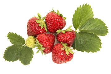 Group of strawberries and leaves seen from a high angle view on a white background