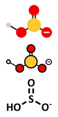 Bisulfite anion, chemical structure. Common salts include sodium bisulfite (E222) and potassium bisulfite (E228), used as food preservatives.