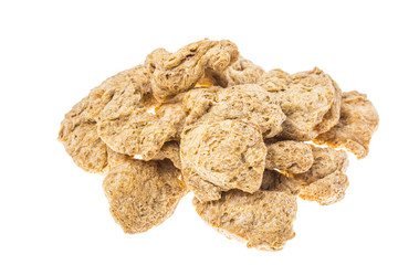 Raw dehydrated soy meat  on white background.