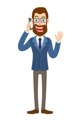 Hipster Businessman talking on mobile phone and raised a hand in greeting