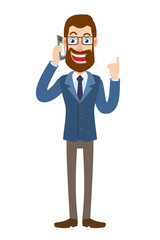 Hipster Businessman talking on mobile phone and pointing up