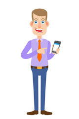Businessman pointing at mobile phone in his hand