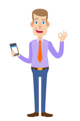 Businessman holding mobile phone and showing a okay hand sign