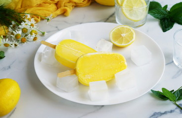 Refreshing lemon ice cream on a white plate with ice on a light marble table.Summer food concept