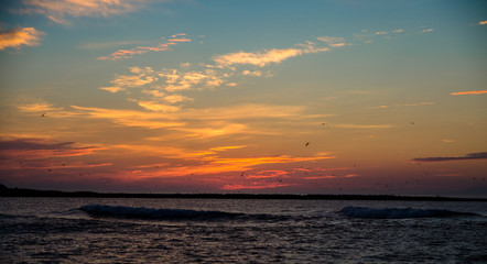 Fototapeta na wymiar sunrise sunset ocean waves flying seagulls